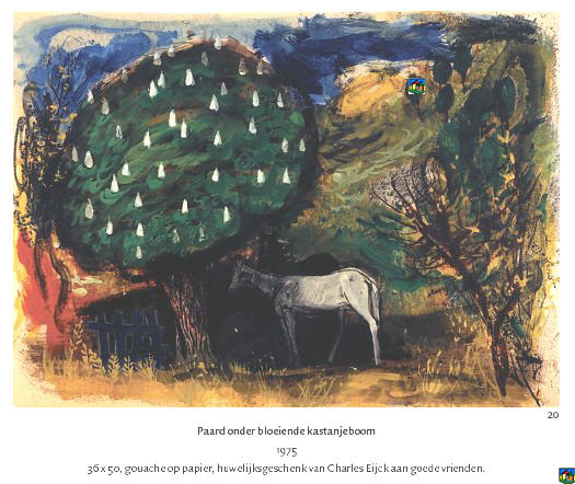 Paard onder bloeiende kastanjeboom